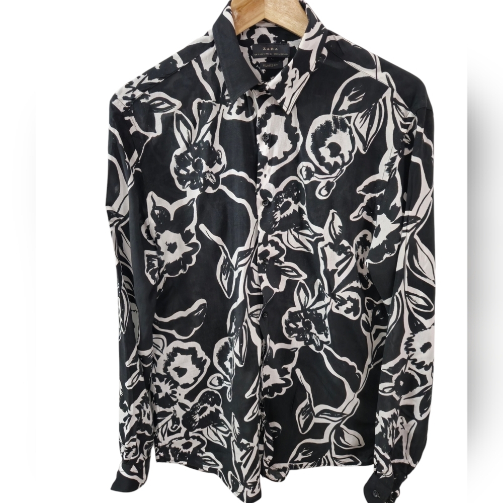 ZARA Men's Long Sleeve Shirt Black White Floral Relaxed Fit Size Small